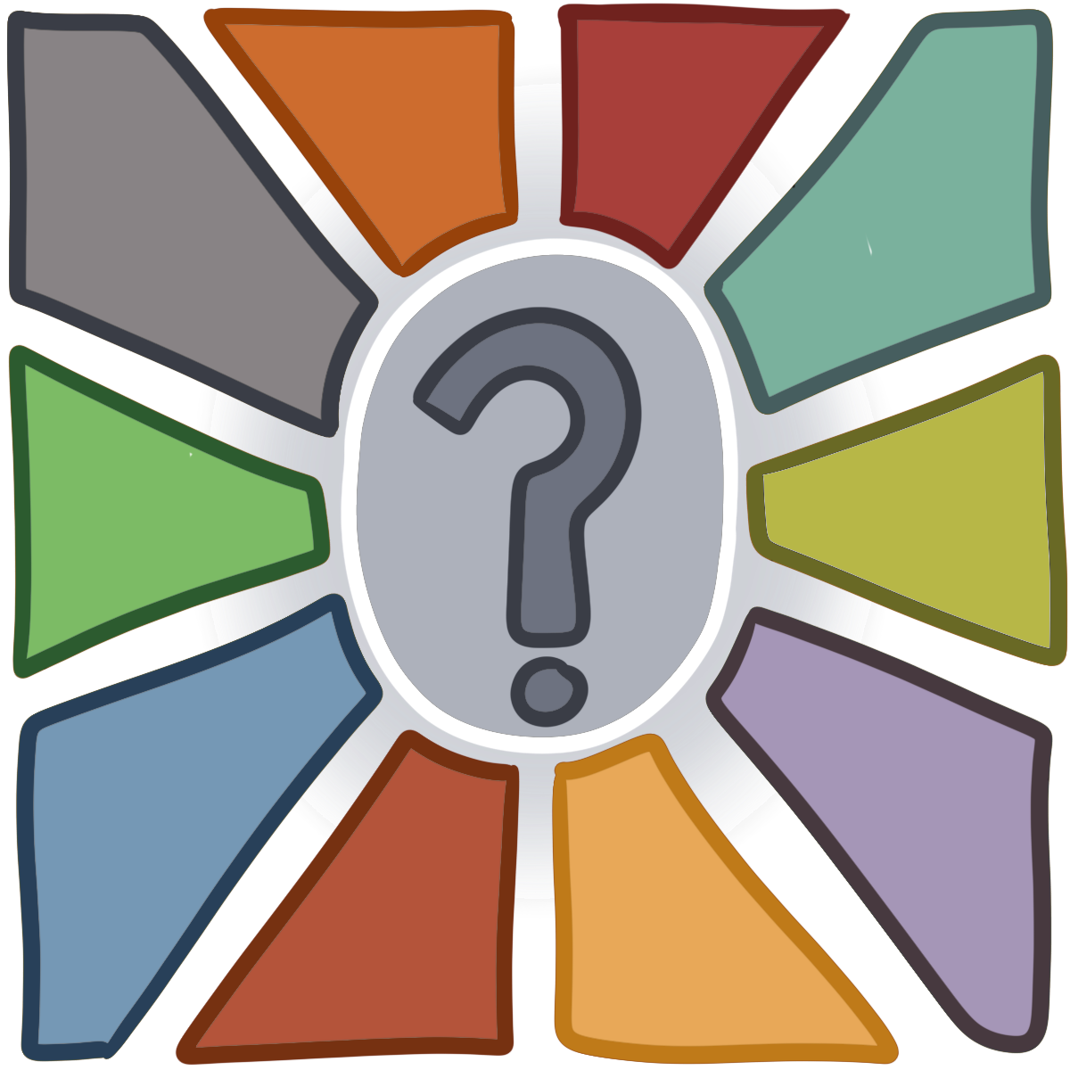 A gray oval with a question mark surrounded by multicolored rays.